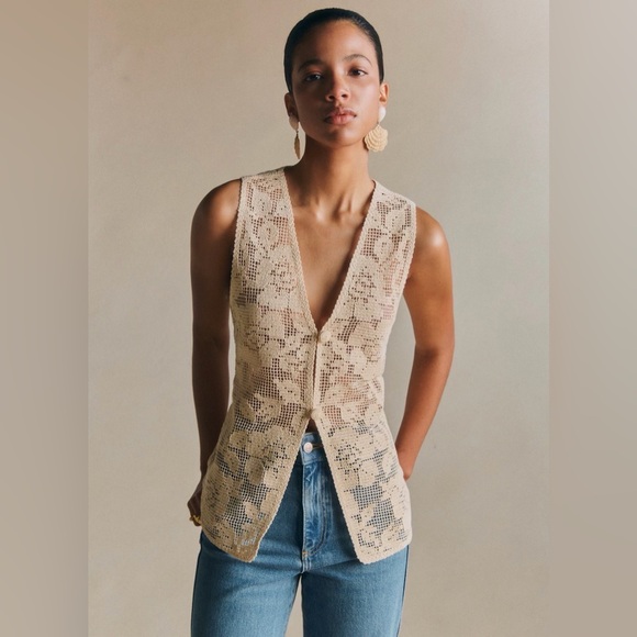 Sezane Tops - Sézane Crochet Lace V-Neck Vest in Light Beige